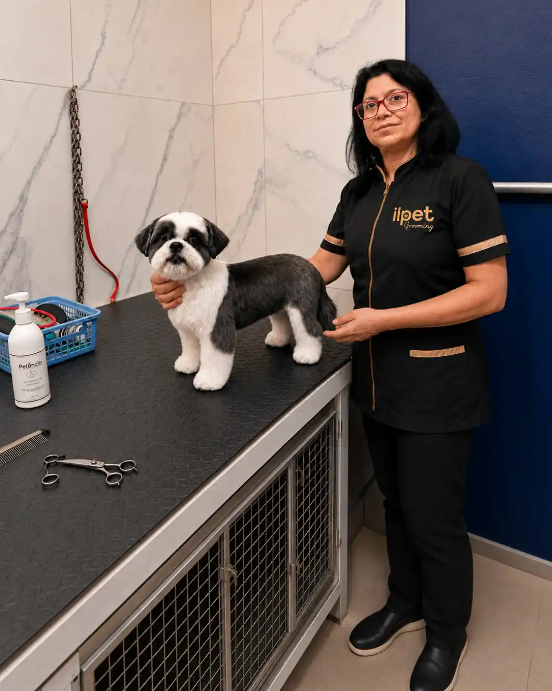 Groomer analisando a pelagem de um cachorro antes da tosa na tesoura na Ilpet Grooming no Ipiranga